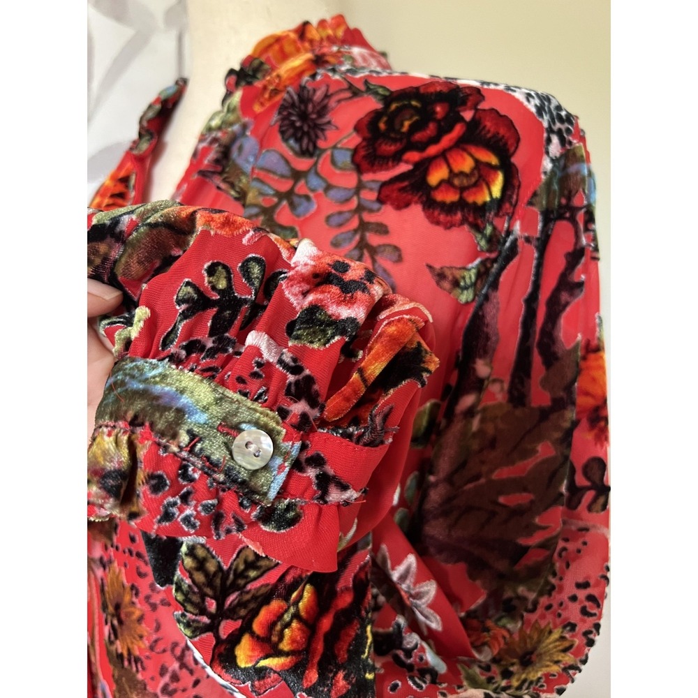 John Mark Top Womens Medium Red Floral Sheer Velvet Burnout Tunic Boho Romantic - Picture 5 of 8